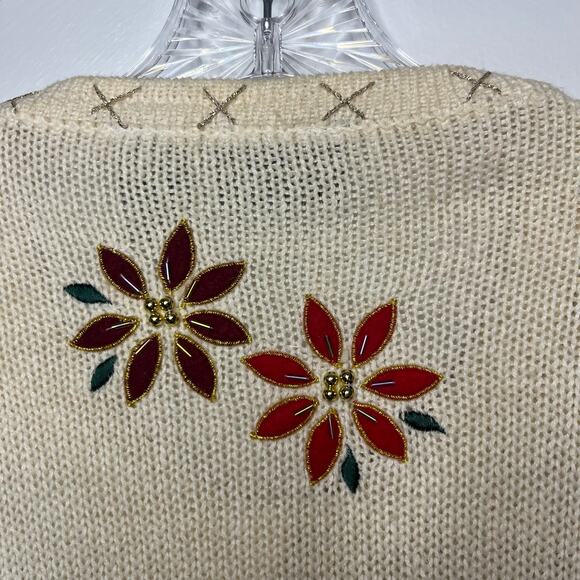 Vintage In Resource Cream Poinsettia Beaded Holiday Cardigan Sweater Sz Medium - Picture 8 of 10